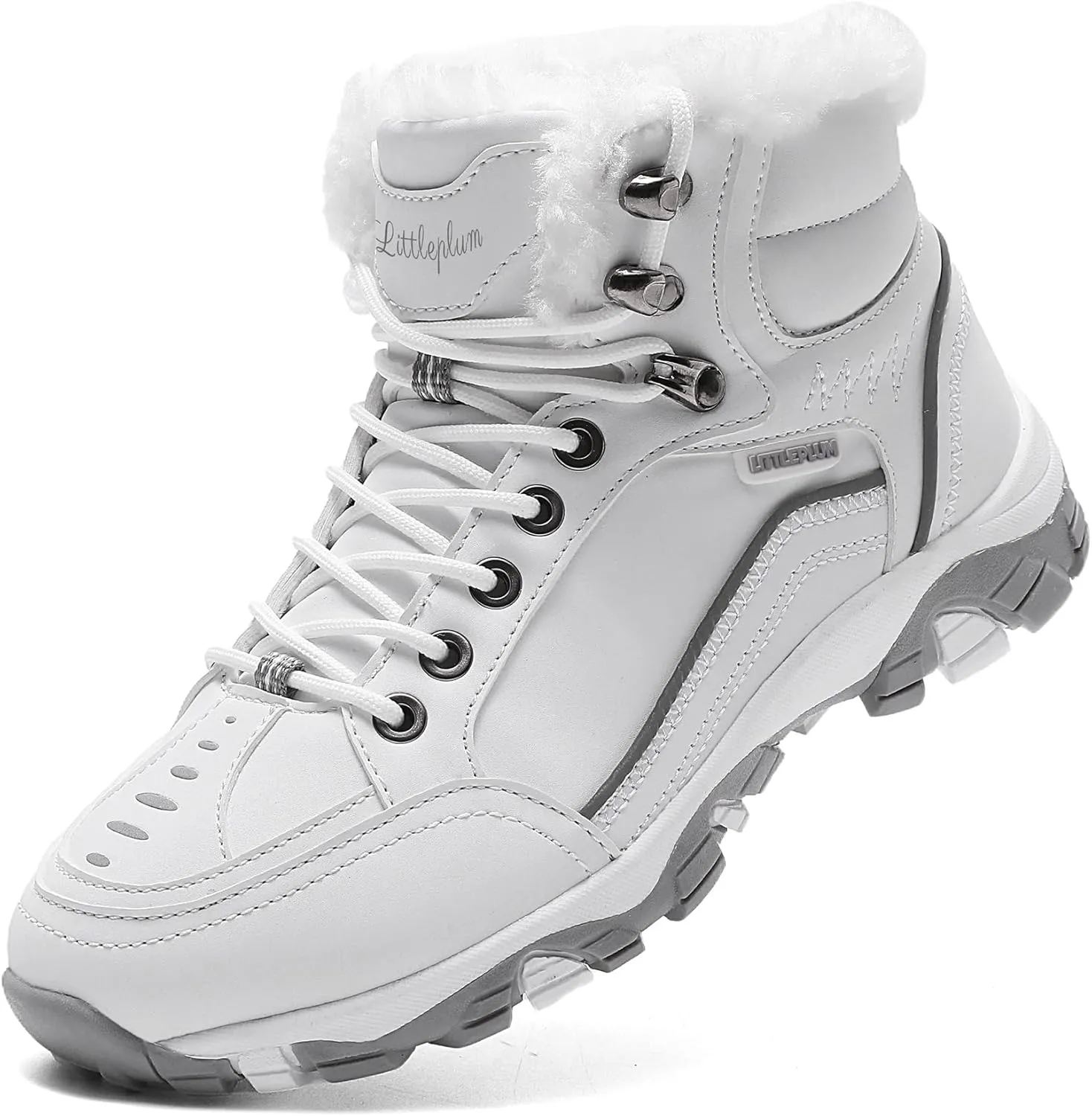 Littleplum Womens Winter Snow Boots Warm Fur Line Anti Slip Ankle Booties Fashion Sneakers Boots for Outdoor Hiking Popular White Grey Size 41