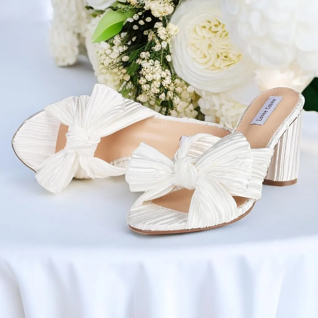 Lovee Cosee Women's Bow Knot Heeled Sandals Pleated Open Toe Ankle Strap Chunky Heels for Bride Wedding