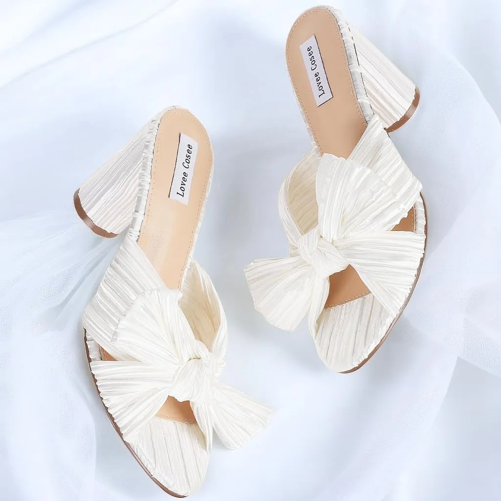 Lovee Cosee Women's Bow Knot Heeled Sandals Pleated Open Toe Ankle Strap Chunky Heels for Bride Wedding