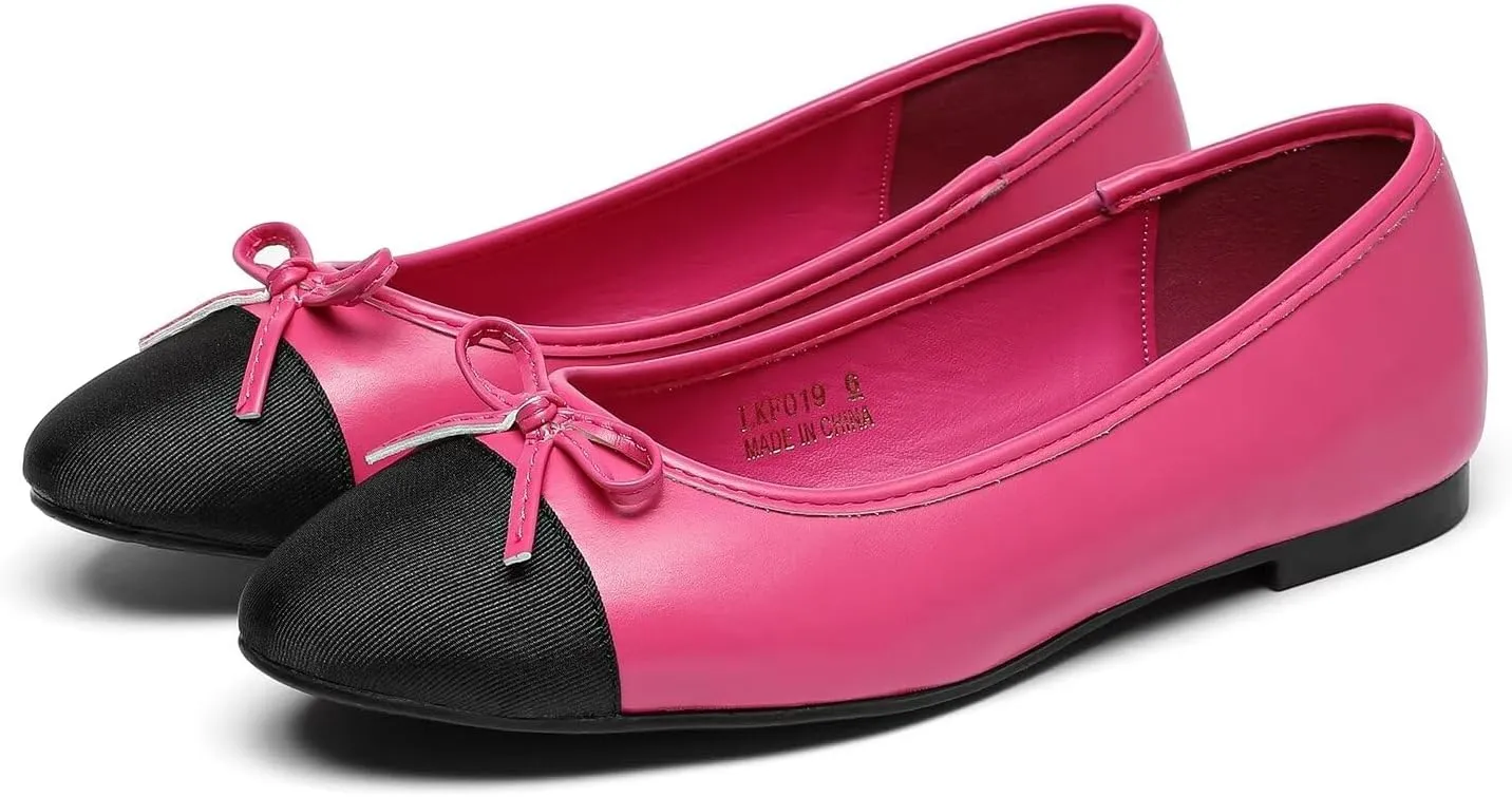 Lryweisy Women's Flats Two-Tone Mary Jane Bow Knit Ballet Comfortable Dressy Shoes