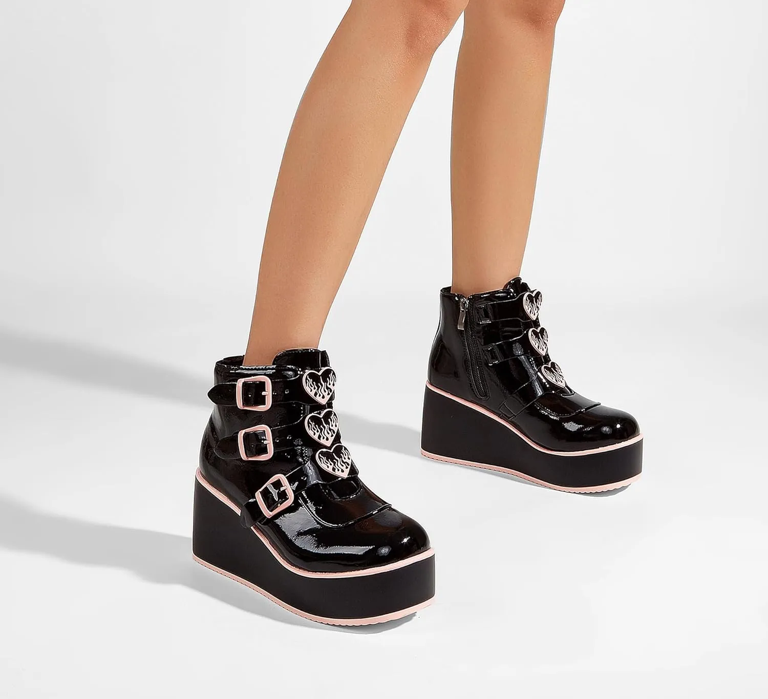 LUCKY STEP Women Platform Chunky Ankle Boots - Round Toe Zipper Wedges High Heels Rave Buckle Thick Sole Goth Booties