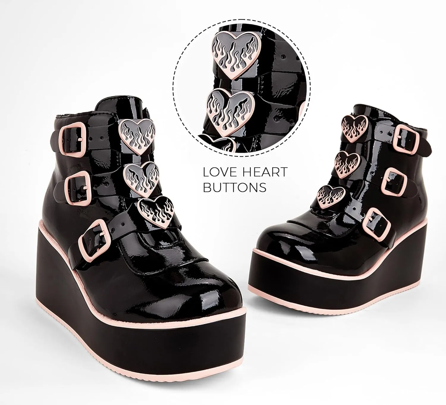 LUCKY STEP Women Platform Chunky Ankle Boots - Round Toe Zipper Wedges High Heels Rave Buckle Thick Sole Goth Booties