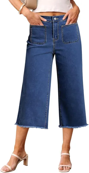 luvamia Capris Jeans for Women Wide Leg High Waisted Trendy Raw Hem Patch Pocket Cropped Stretchy Denim Capri Pants