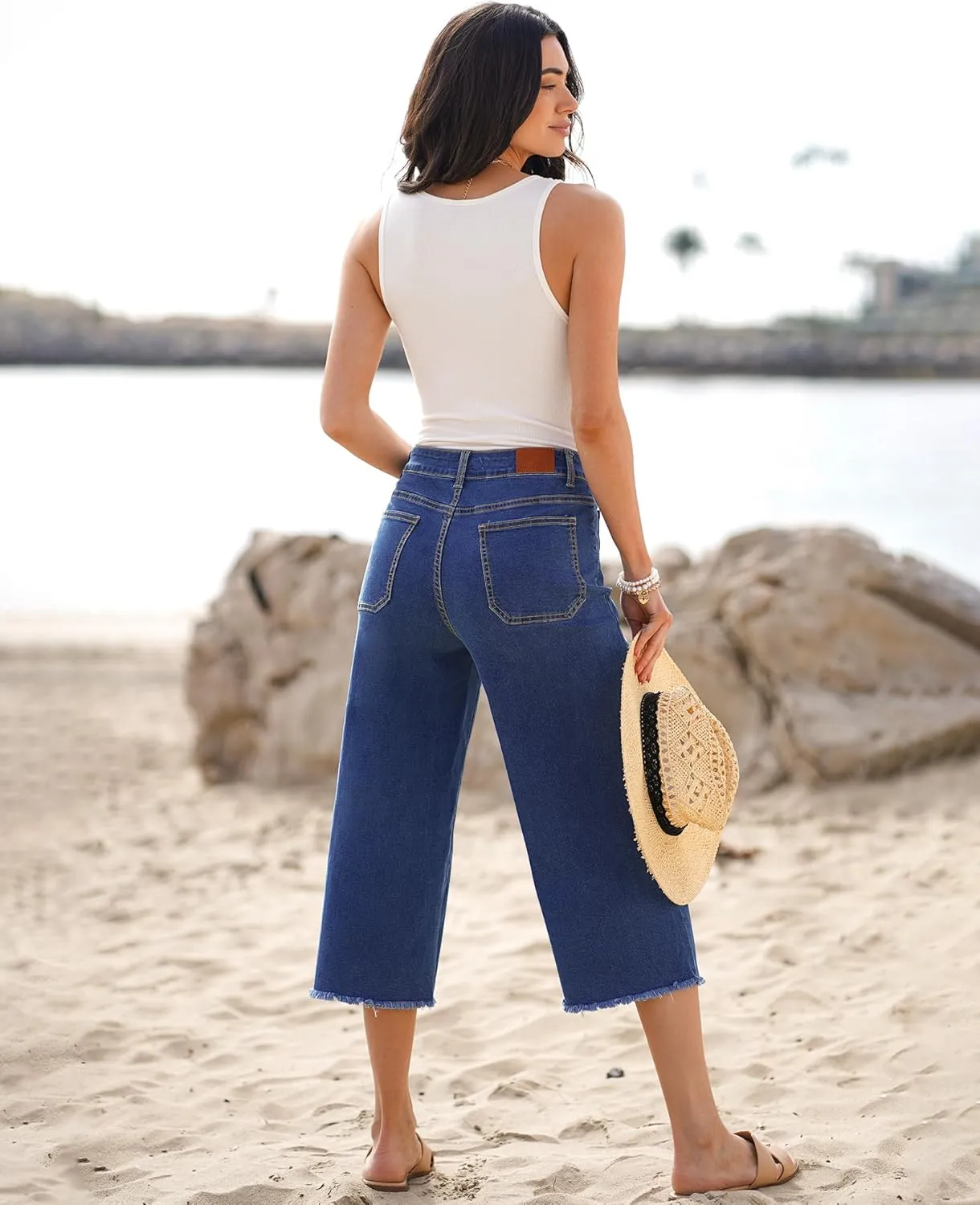 luvamia Capris Jeans for Women Wide Leg High Waisted Trendy Raw Hem Patch Pocket Cropped Stretchy Denim Capri Pants