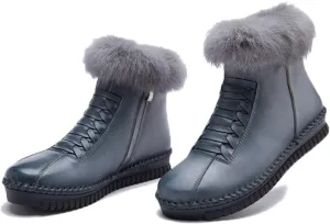 Lymphvity Women's Cowhide Unique Strap Winter Snow Boots Faux Fur Lined Warm Ankle Boots Side Zipper Outdoor Cold Thickening Comfortable Booties