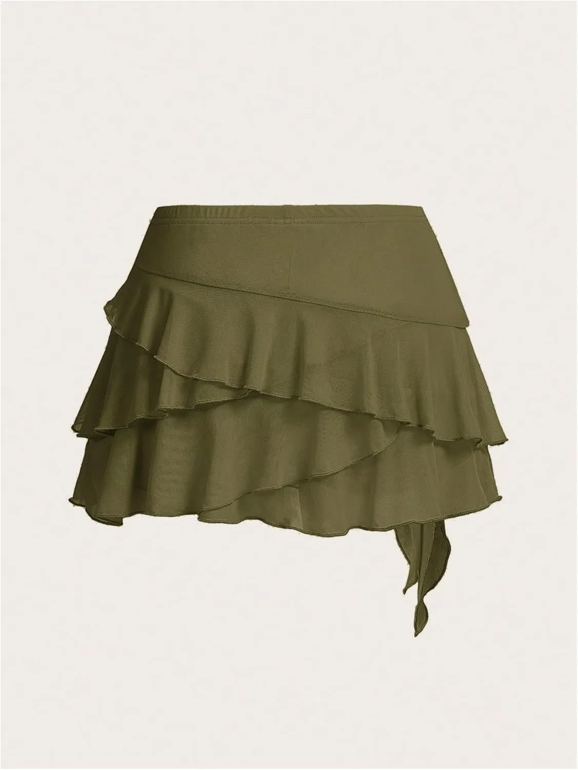 MakeMeChic Women's Y2K Sheer Mesh Mini Skirt Ruffle Hem Drop Waist Layered Tie Side Short Skirts