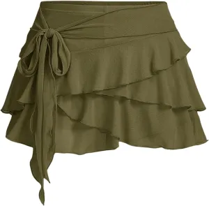 MakeMeChic Women's Y2K Sheer Mesh Mini Skirt Ruffle Hem Drop Waist Layered Tie Side Short Skirts