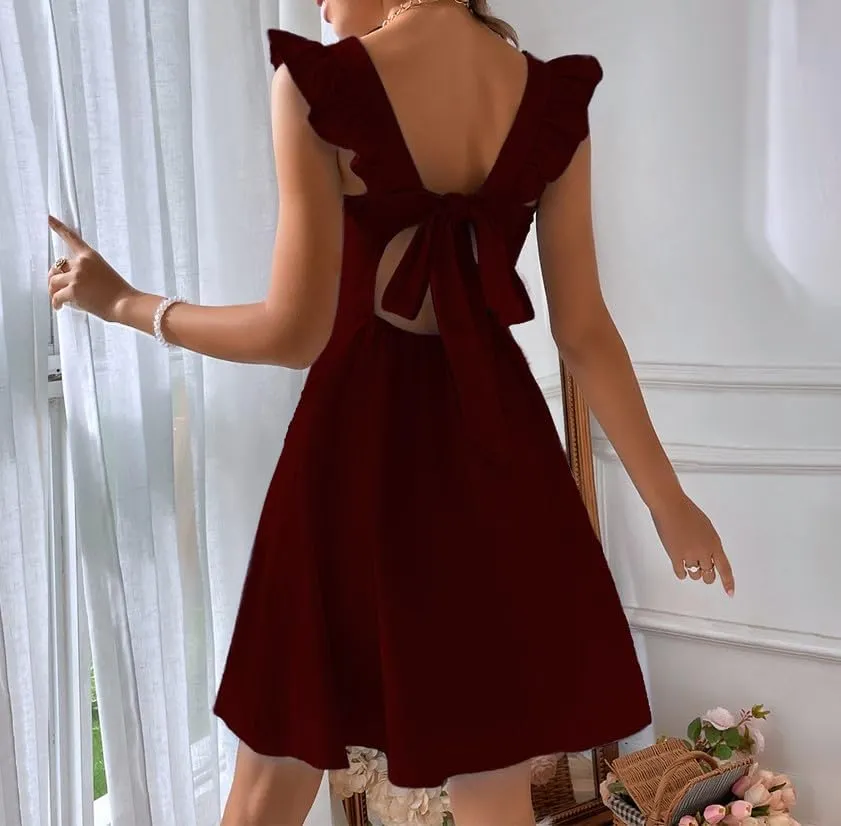 Melliflo Women's Rural Halter Dress Bow Pleated Sleeveless Mini Dress Elegant Commuting Vacation Beach Homecoming Dresses