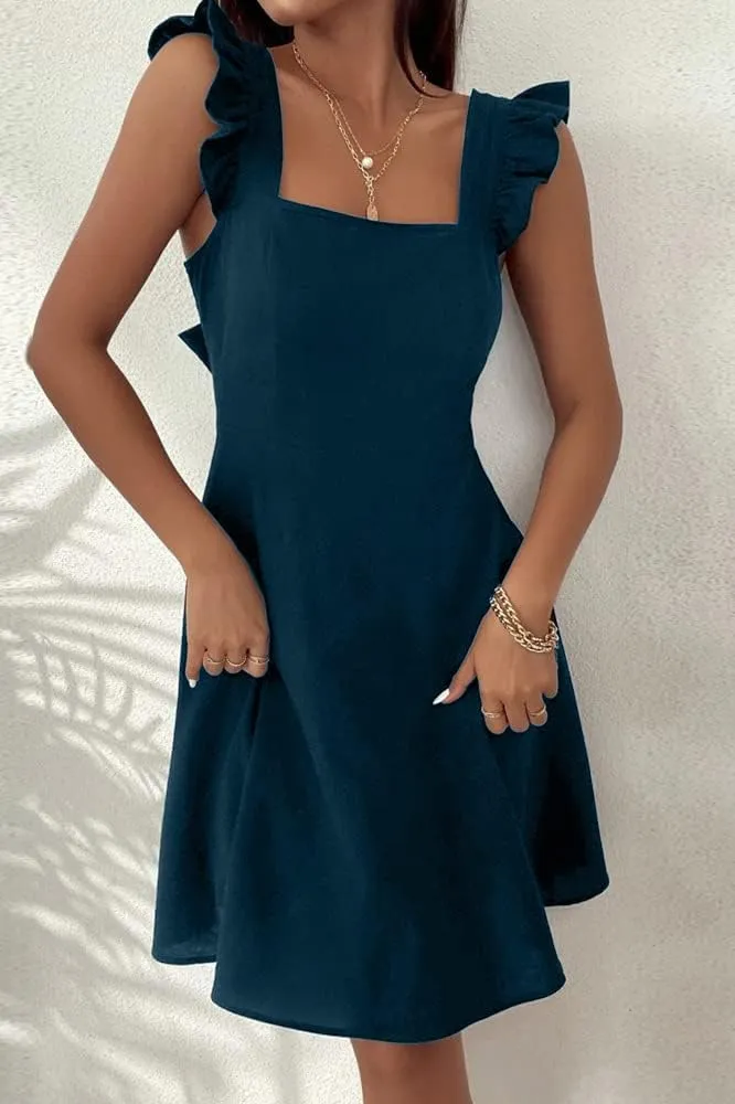 Melliflo Women's Rural Halter Dress Bow Pleated Sleeveless Mini Dress Elegant Commuting Vacation Beach Homecoming Dresses