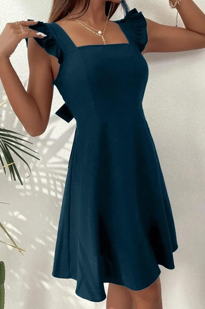 Melliflo Women's Rural Halter Dress Bow Pleated Sleeveless Mini Dress Elegant Commuting Vacation Beach Homecoming Dresses