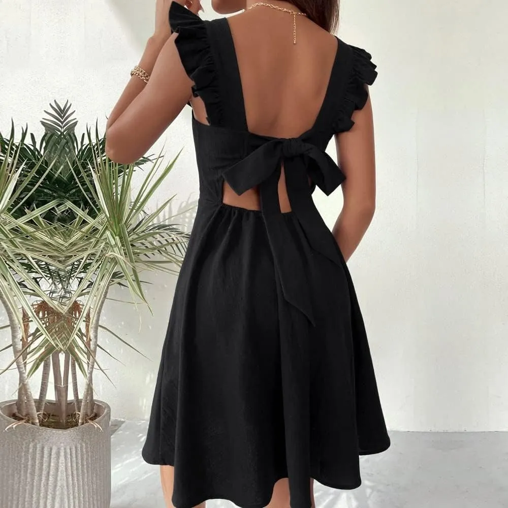Melliflo Women's Rural Halter Dress Bow Pleated Sleeveless Mini Dress Elegant Commuting Vacation Beach Homecoming Dresses