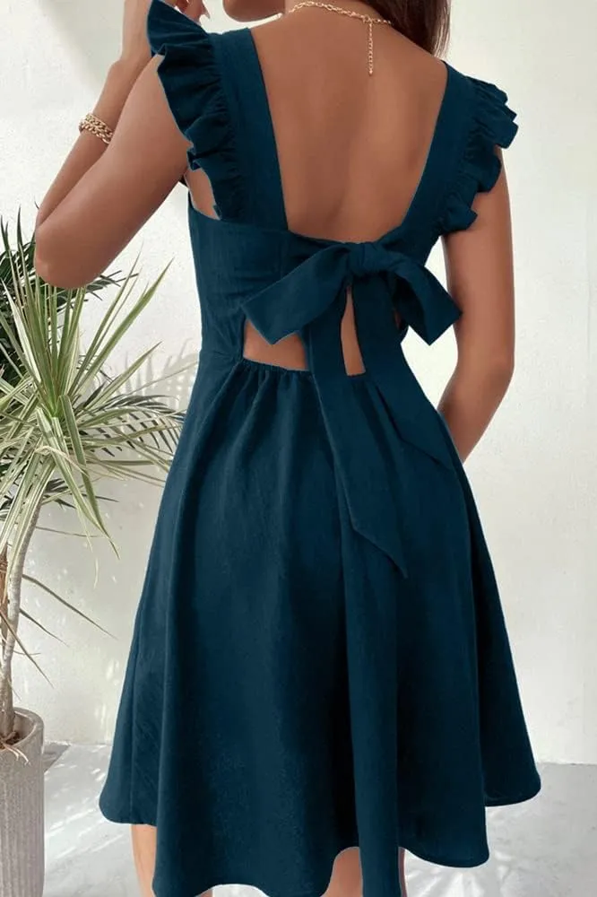 Melliflo Women's Rural Halter Dress Bow Pleated Sleeveless Mini Dress Elegant Commuting Vacation Beach Homecoming Dresses