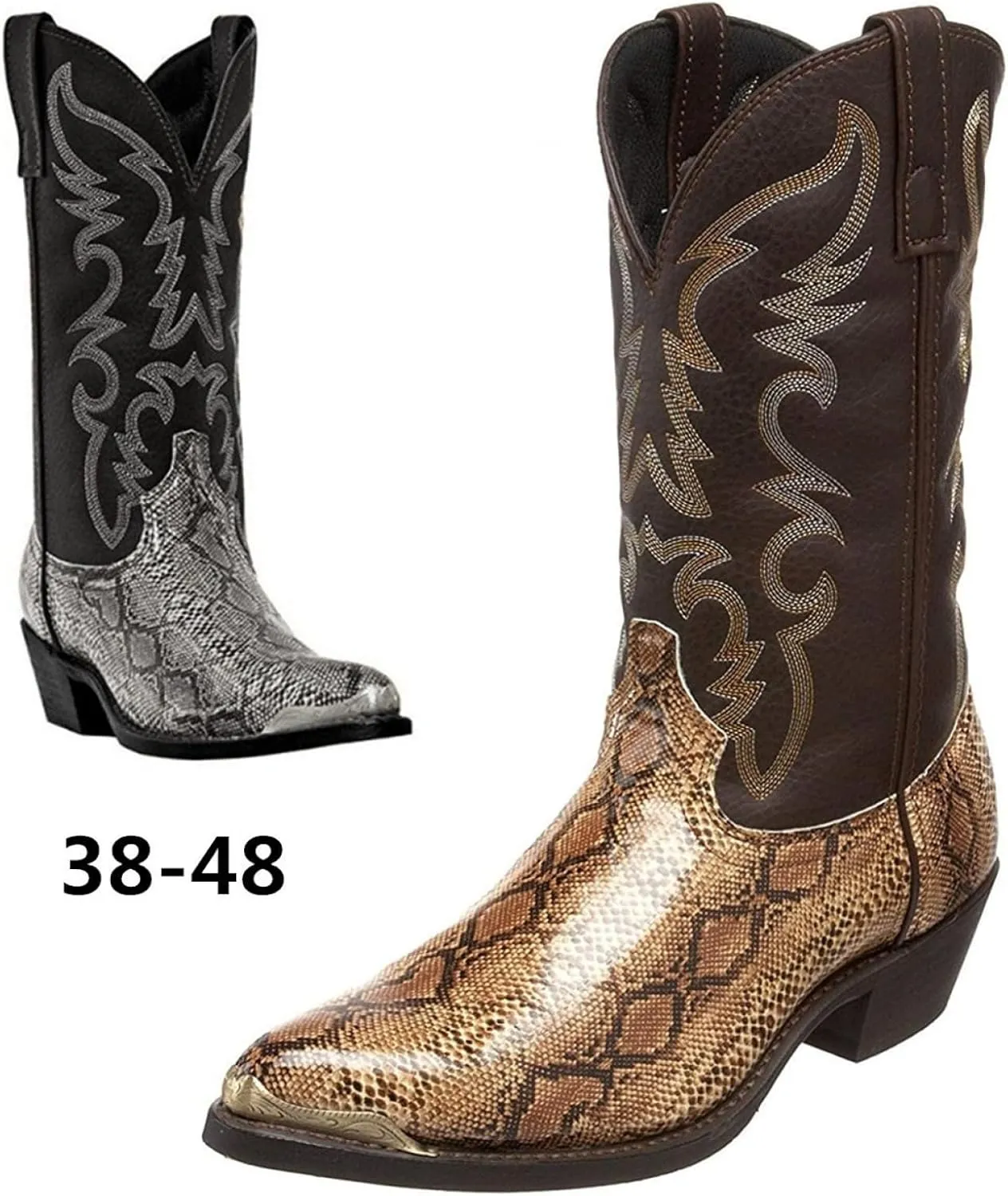 Men's Cowboy Boots Embroidered Pointed-Toe Snake-Textured Ankle Boots Retro Anti-Slip Thick Heel Shoes