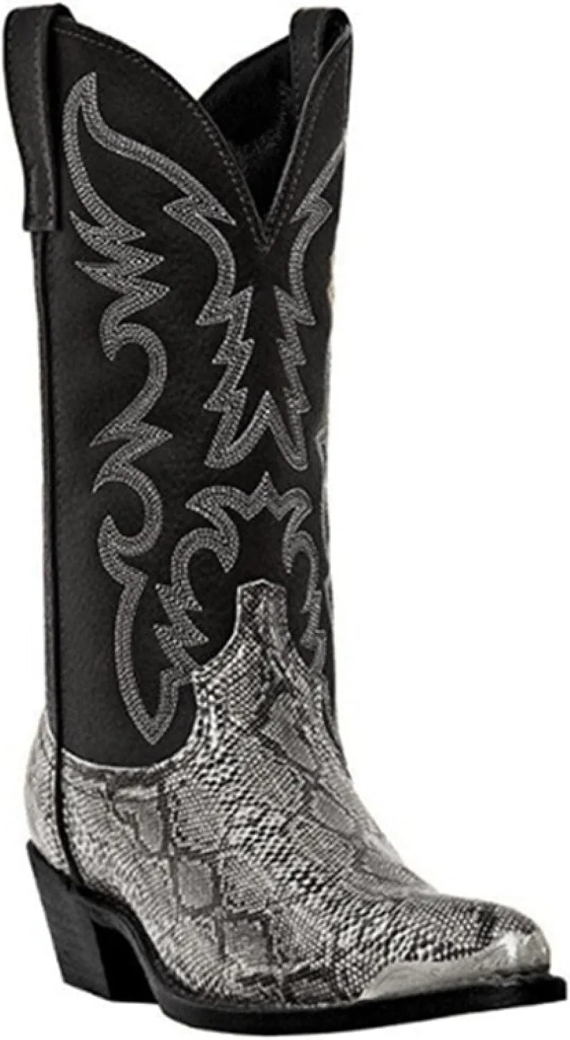 Men's Cowboy Boots Embroidered Pointed-Toe Snake-Textured Ankle Boots Retro Anti-Slip Thick Heel Shoes