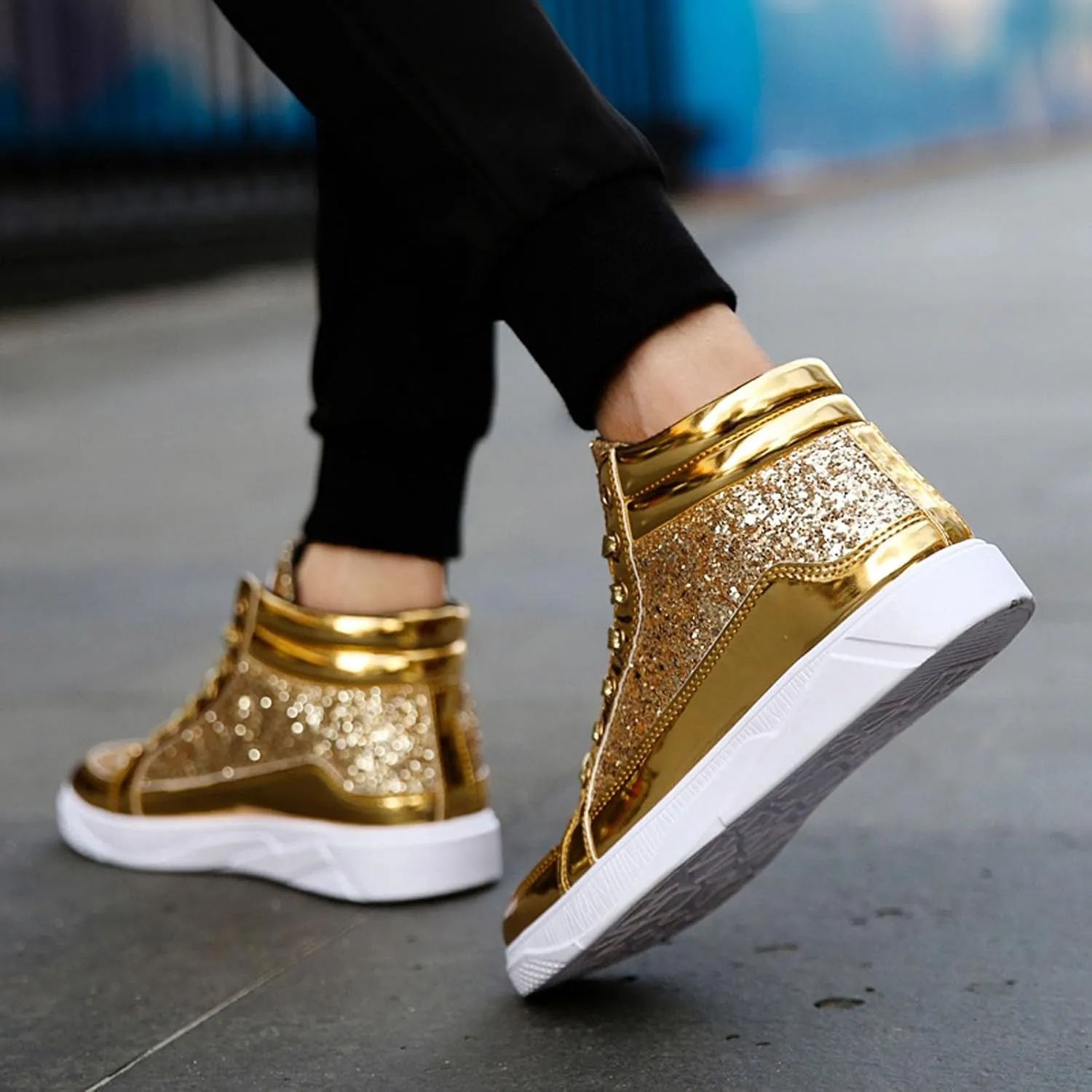 Men's Fashion Bright Leather with Sequin Thick Soled High Top Casual Shoes Comfortable Sneakers Shoes Men Classic Leather Sneaker