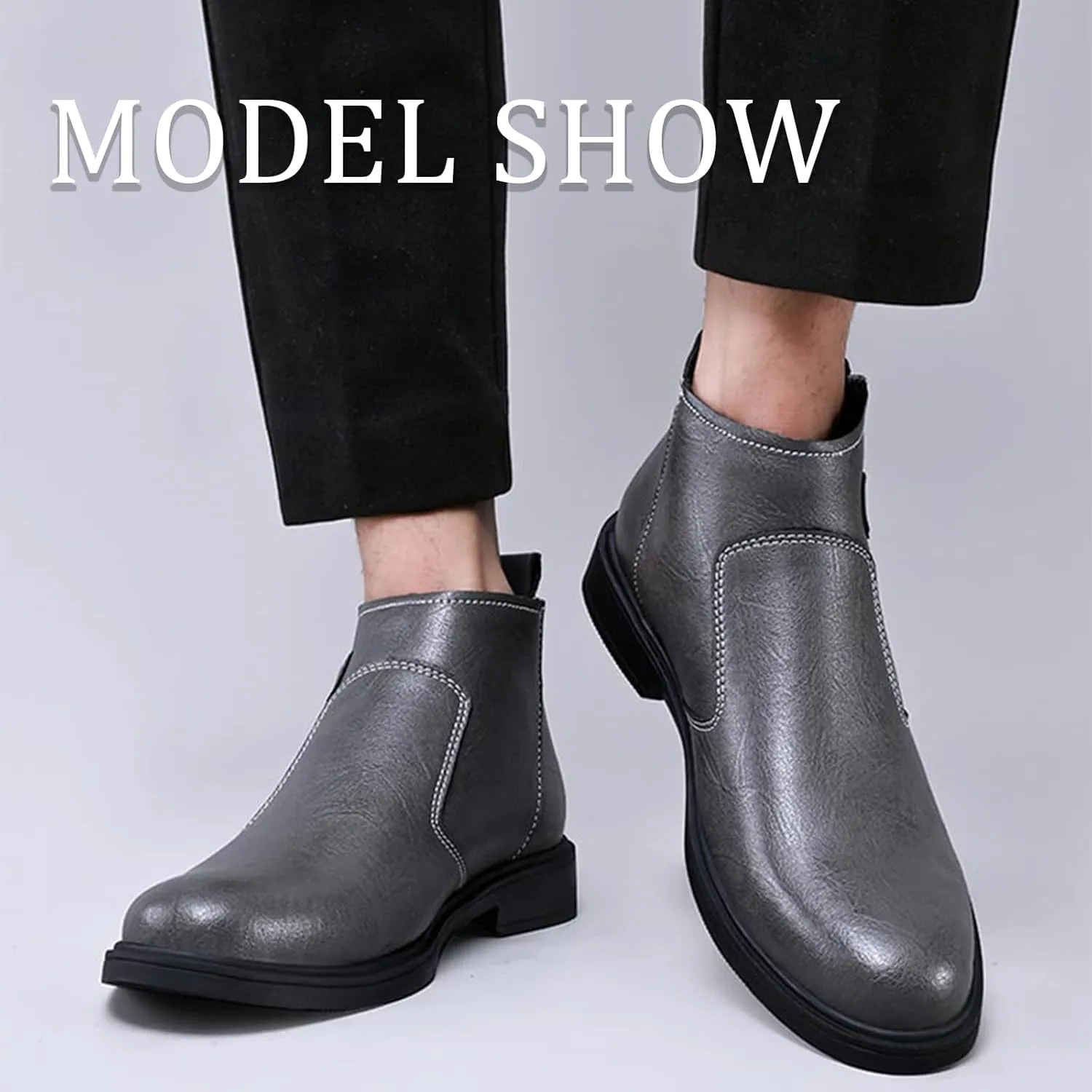 Men's Genuine Leather Pointed Chelsea Boots with Side Zipper Winter Plus Velvet Chunky Heel Non-Slip Dress Chukka Boots Suitable for Driving Work