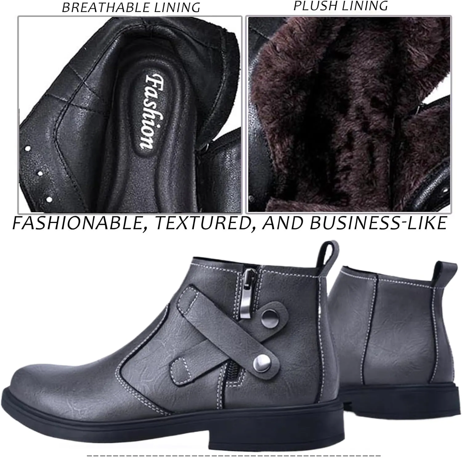 Men's Genuine Leather Pointed Chelsea Boots with Side Zipper Winter Plus Velvet Chunky Heel Non-Slip Dress Chukka Boots Suitable for Driving Work