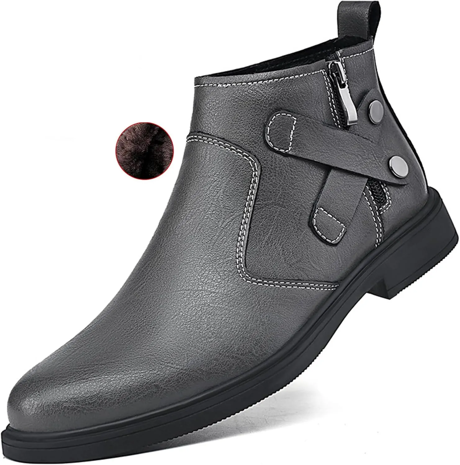 Men's Genuine Leather Pointed Chelsea Boots with Side Zipper Winter Plus Velvet Chunky Heel Non-Slip Dress Chukka Boots Suitable for Driving Work