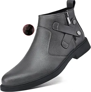 Men's Genuine Leather Pointed Chelsea Boots with Side Zipper Winter Plus Velvet Chunky Heel Non-Slip Dress Chukka Boots Suitable for Driving Work