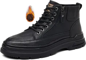 Men'S Leather Chukka Boot With Side Zipper Round Toe Comfort Fleece-Lined Anti-Slip Platform Lace-Up Casual Oxford Boots For Hiking Travel Motorcycle