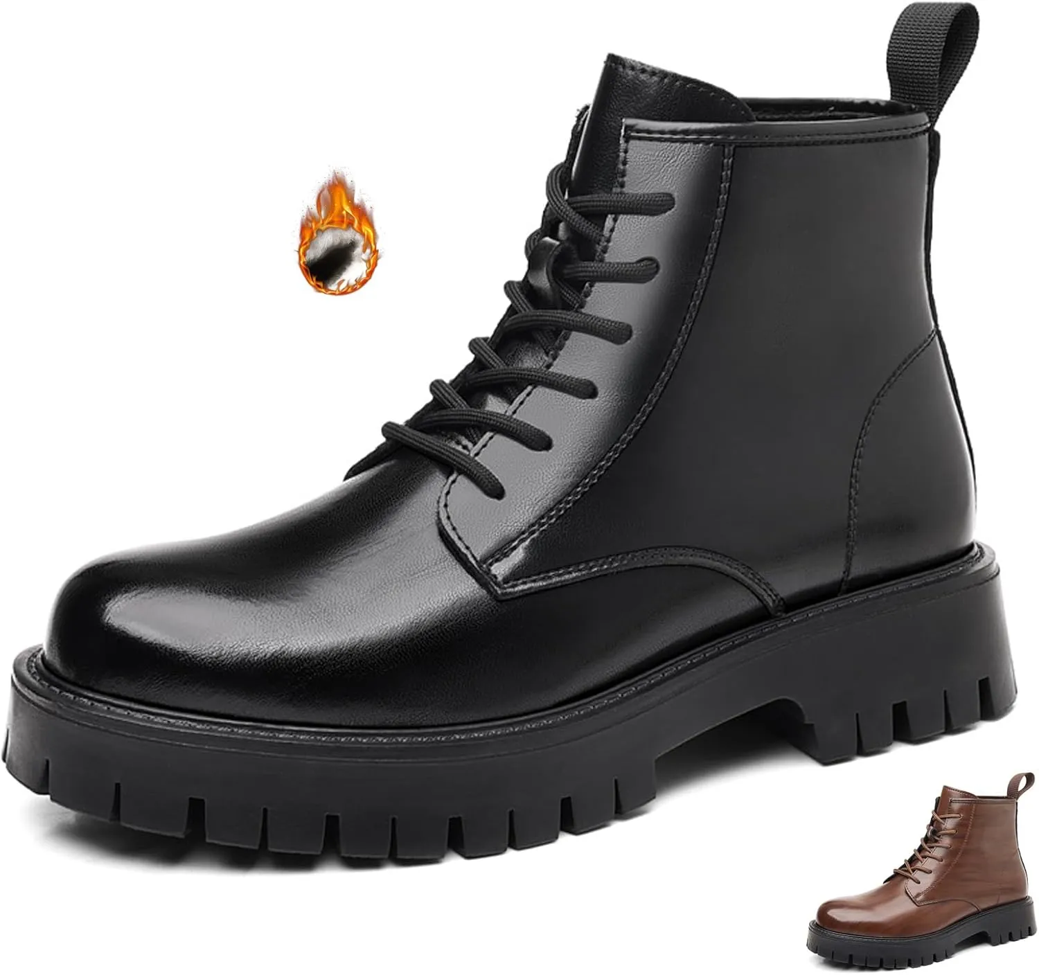 Men's Soft Leather Lug Sole Low Chunky Heel Combat Boots Retro Comfort Lace-up Round Toe Four Seasons Platform Block Heel Chukka Boots Casual Dress Riding Motorcycle Boots