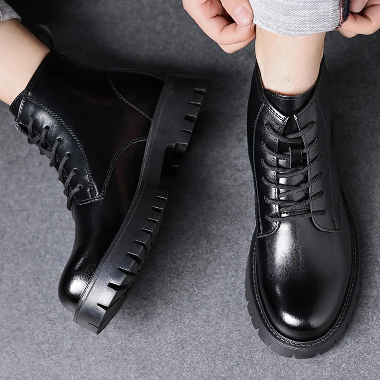 Men's Soft Leather Lug Sole Low Chunky Heel Combat Boots Retro Comfort Lace-up Round Toe Four Seasons Platform Block Heel Chukka Boots Casual Dress Riding Motorcycle Boots