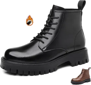 Men's Soft Leather Lug Sole Low Chunky Heel Combat Boots Retro Comfort Lace-up Round Toe Four Seasons Platform Block Heel Chukka Boots Casual Dress Riding Motorcycle Boots