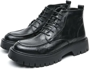 Men's Textured Leather Platform Chunky Low Heel Combat Boots with Side Zipper Vintage Round Toe Lug Sole Non-Slip Lace-Up Motorcycle Boots Work Office Business Casual Oxfords