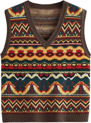 Men's Tribal Print Sweater Vests V Neck Sleeveless Knitted Tank Tops Streetwear