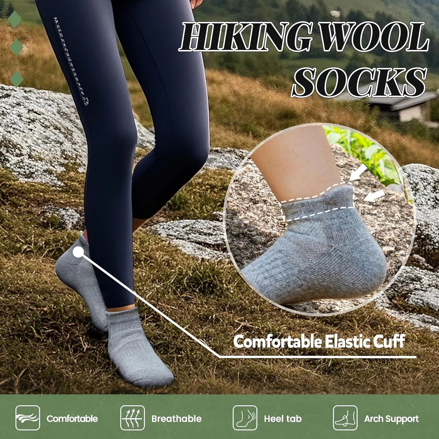 Merino Wool Ankle Hiking Socks For Men & Women No Show Running Athletic Support Thick Cushioned Breathable Socks 6 Pairs
