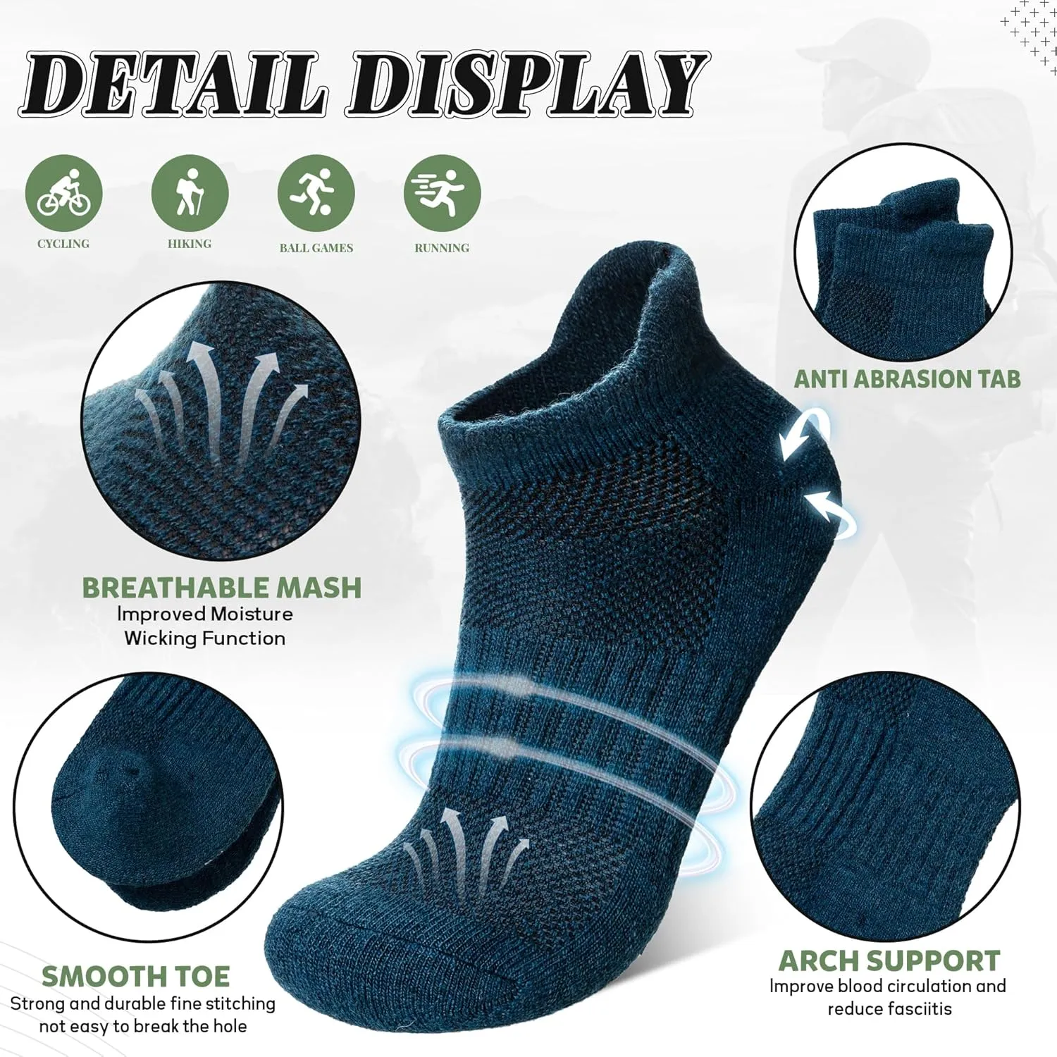 Merino Wool Ankle Hiking Socks For Men & Women No Show Running Athletic Support Thick Cushioned Breathable Socks 6 Pairs
