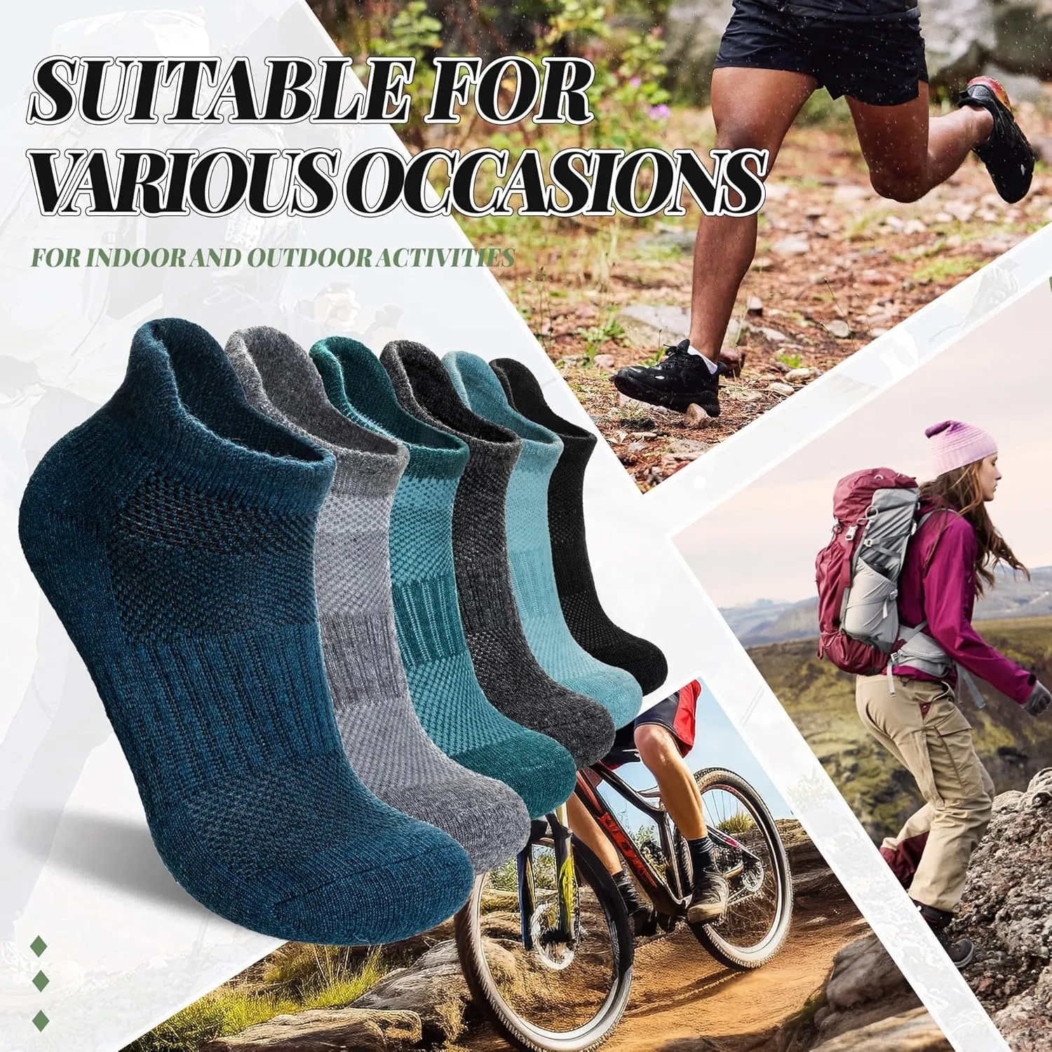 Merino Wool Ankle Hiking Socks For Men & Women No Show Running Athletic Support Thick Cushioned Breathable Socks 6 Pairs