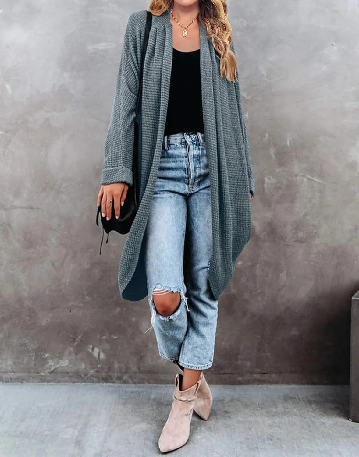 MEROKEETY Women's 2025 Fall Waffle Knit Batwing Long Sleeve Cardigan Loose Open Front Sweater Coat