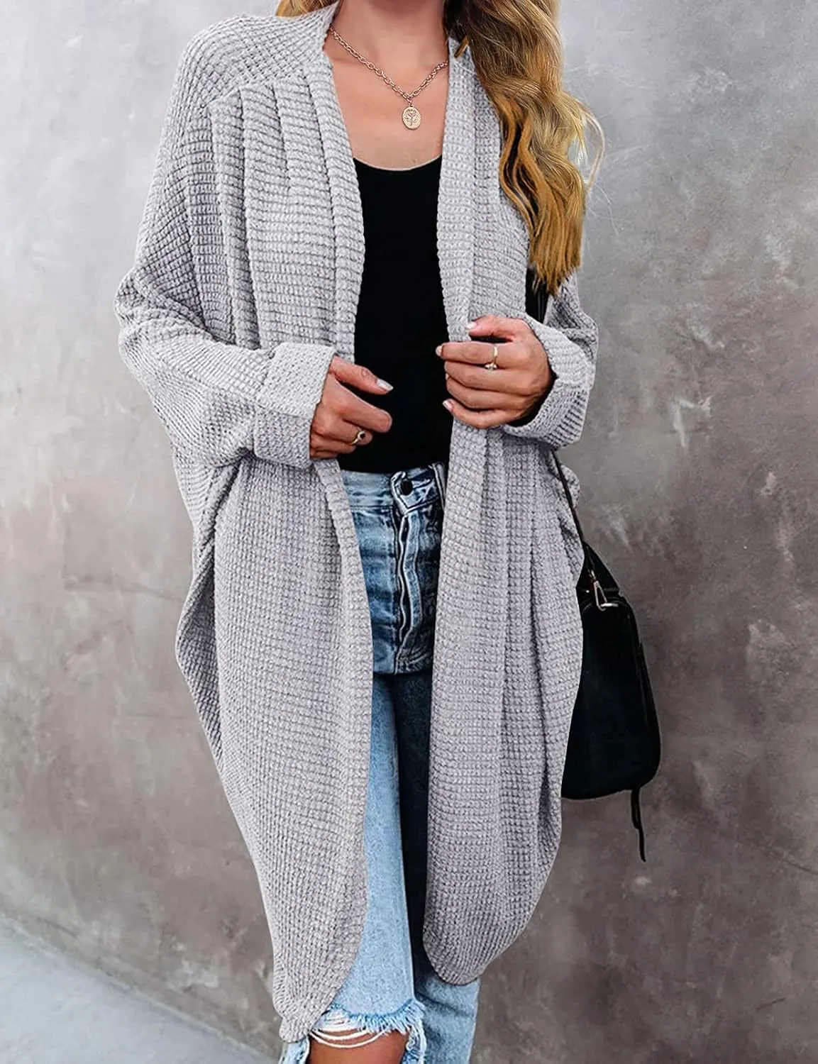 MEROKEETY Women's 2025 Fall Waffle Knit Batwing Long Sleeve Cardigan Loose Open Front Sweater Coat