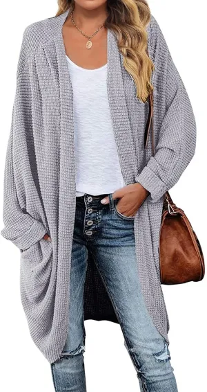 MEROKEETY Women's 2025 Fall Waffle Knit Batwing Long Sleeve Cardigan Loose Open Front Sweater Coat