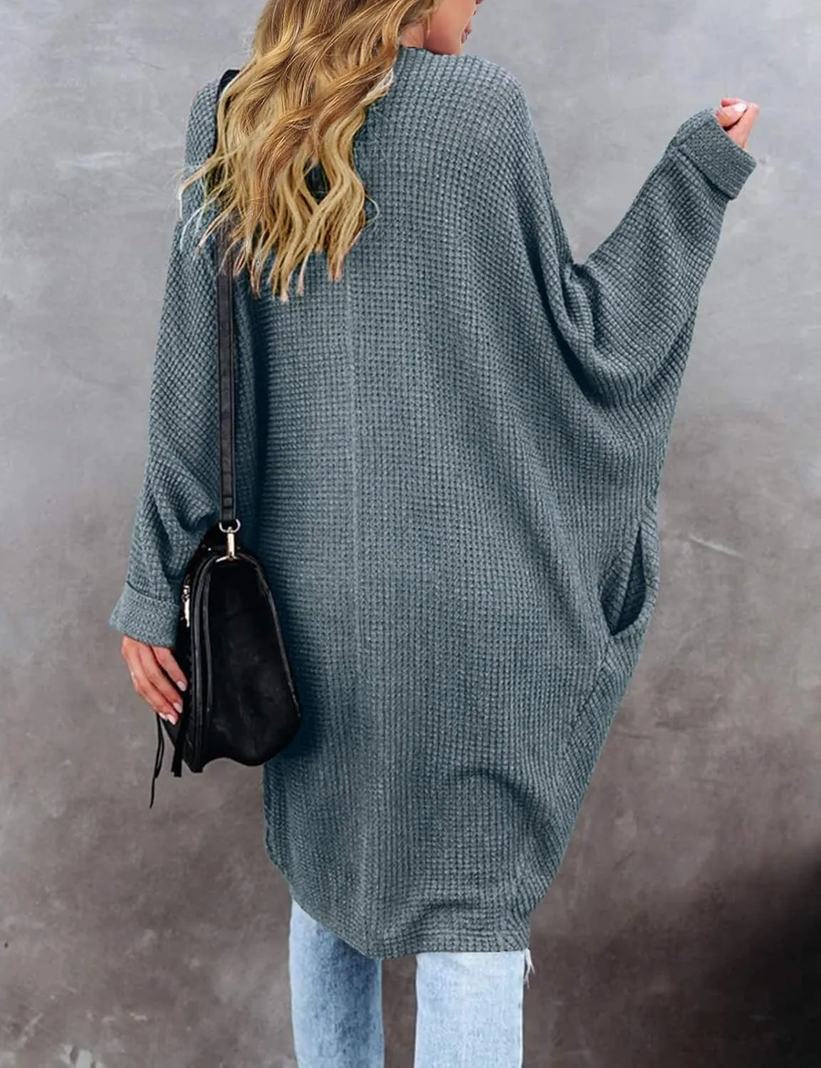 MEROKEETY Women's 2025 Fall Waffle Knit Batwing Long Sleeve Cardigan Loose Open Front Sweater Coat