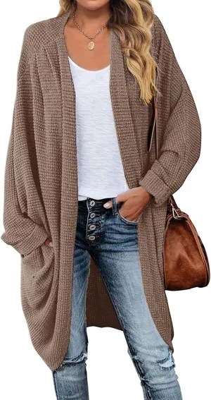 MEROKEETY Women's 2025 Fall Waffle Knit Batwing Long Sleeve Cardigan Loose Open Front Sweater Coat
