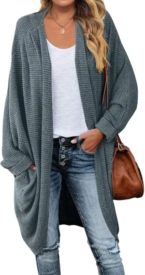 MEROKEETY Women's 2025 Fall Waffle Knit Batwing Long Sleeve Cardigan Loose Open Front Sweater Coat