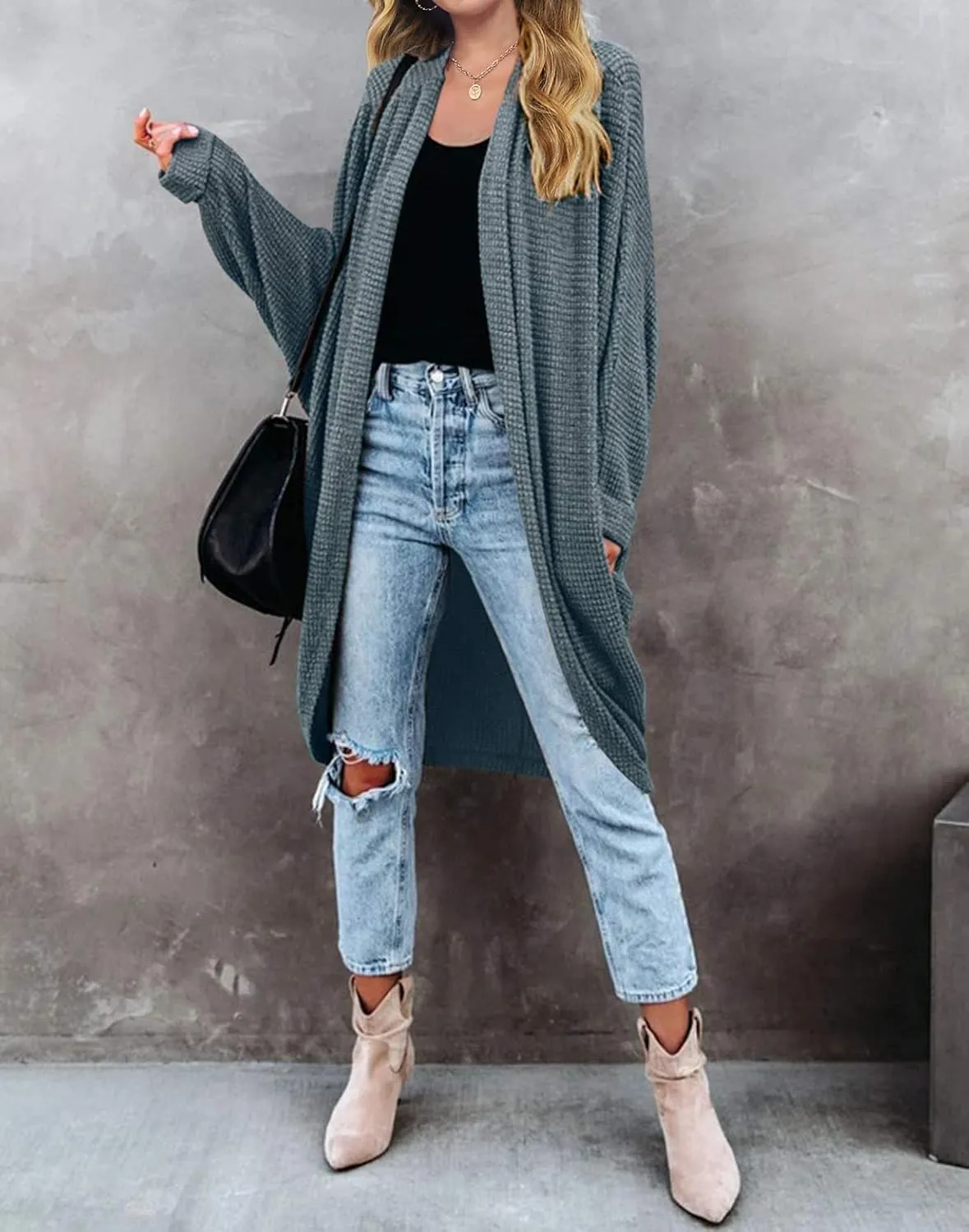 MEROKEETY Women's 2025 Fall Waffle Knit Batwing Long Sleeve Cardigan Loose Open Front Sweater Coat