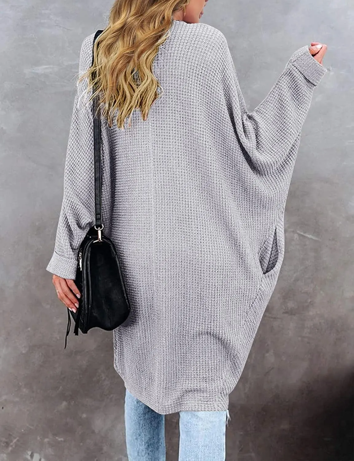MEROKEETY Women's 2025 Fall Waffle Knit Batwing Long Sleeve Cardigan Loose Open Front Sweater Coat