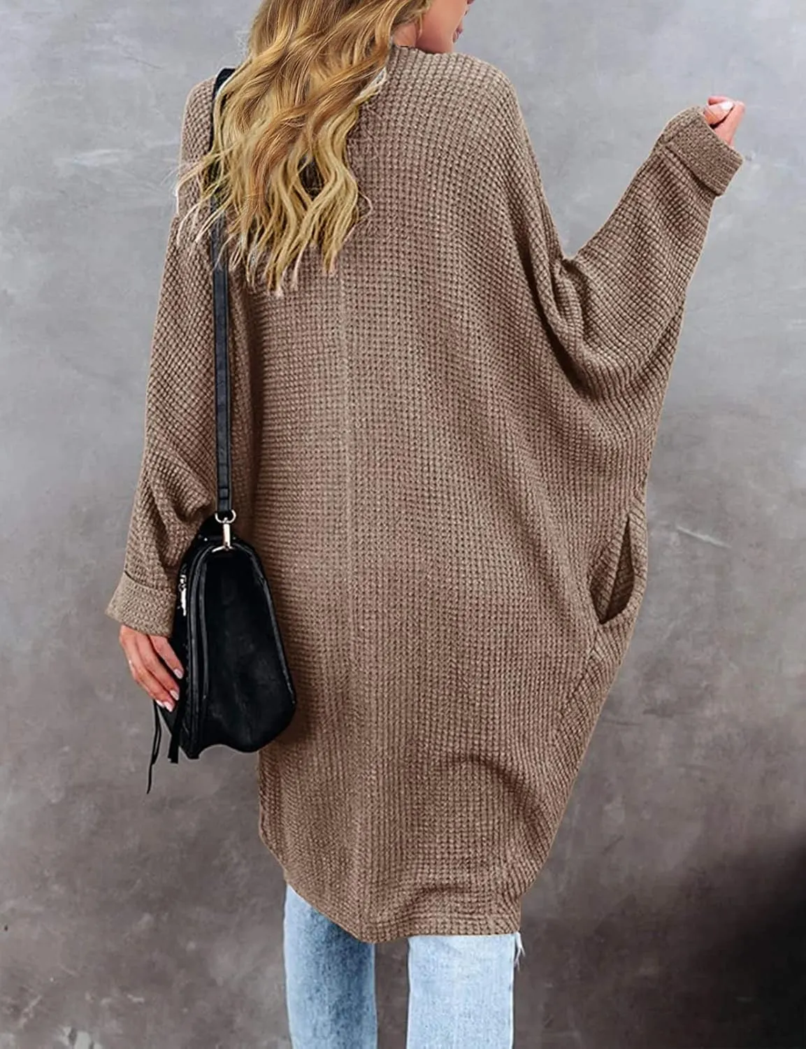 MEROKEETY Women's 2025 Fall Waffle Knit Batwing Long Sleeve Cardigan Loose Open Front Sweater Coat