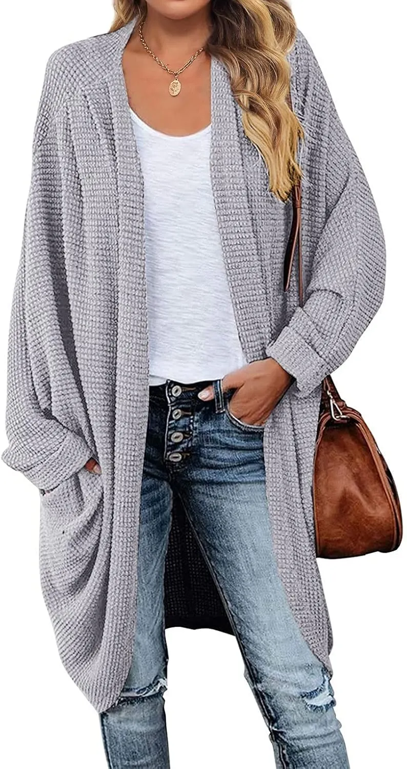 MEROKEETY Women's 2025 Fall Waffle Knit Batwing Long Sleeve Cardigan Loose Open Front Sweater Coat