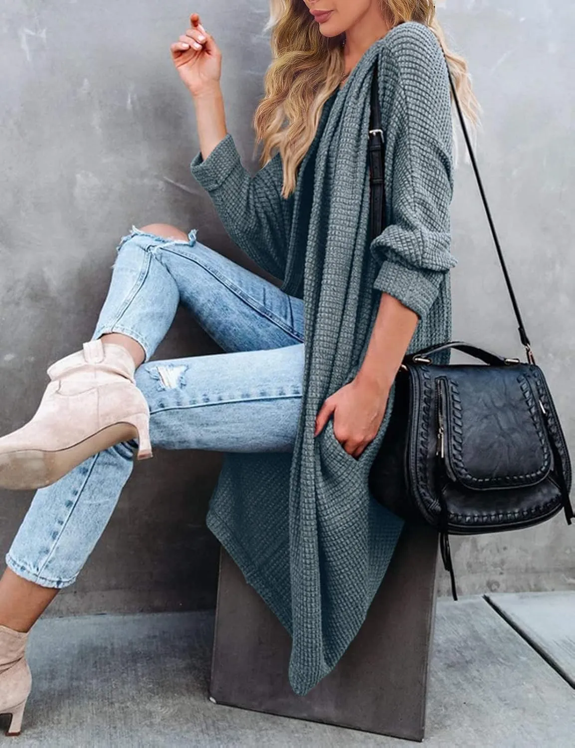 MEROKEETY Women's 2025 Fall Waffle Knit Batwing Long Sleeve Cardigan Loose Open Front Sweater Coat