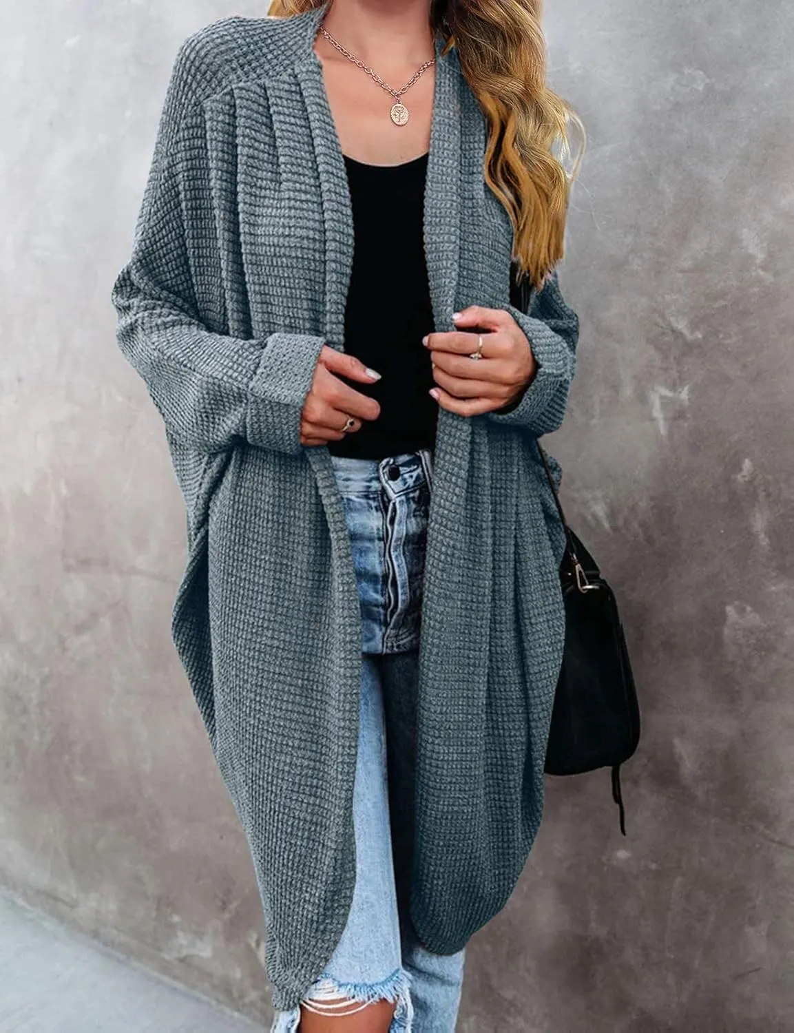 MEROKEETY Women's 2025 Fall Waffle Knit Batwing Long Sleeve Cardigan Loose Open Front Sweater Coat