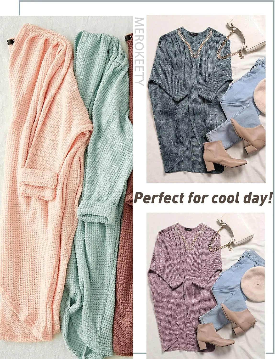MEROKEETY Women's 2025 Fall Waffle Knit Batwing Long Sleeve Cardigan Loose Open Front Sweater Coat