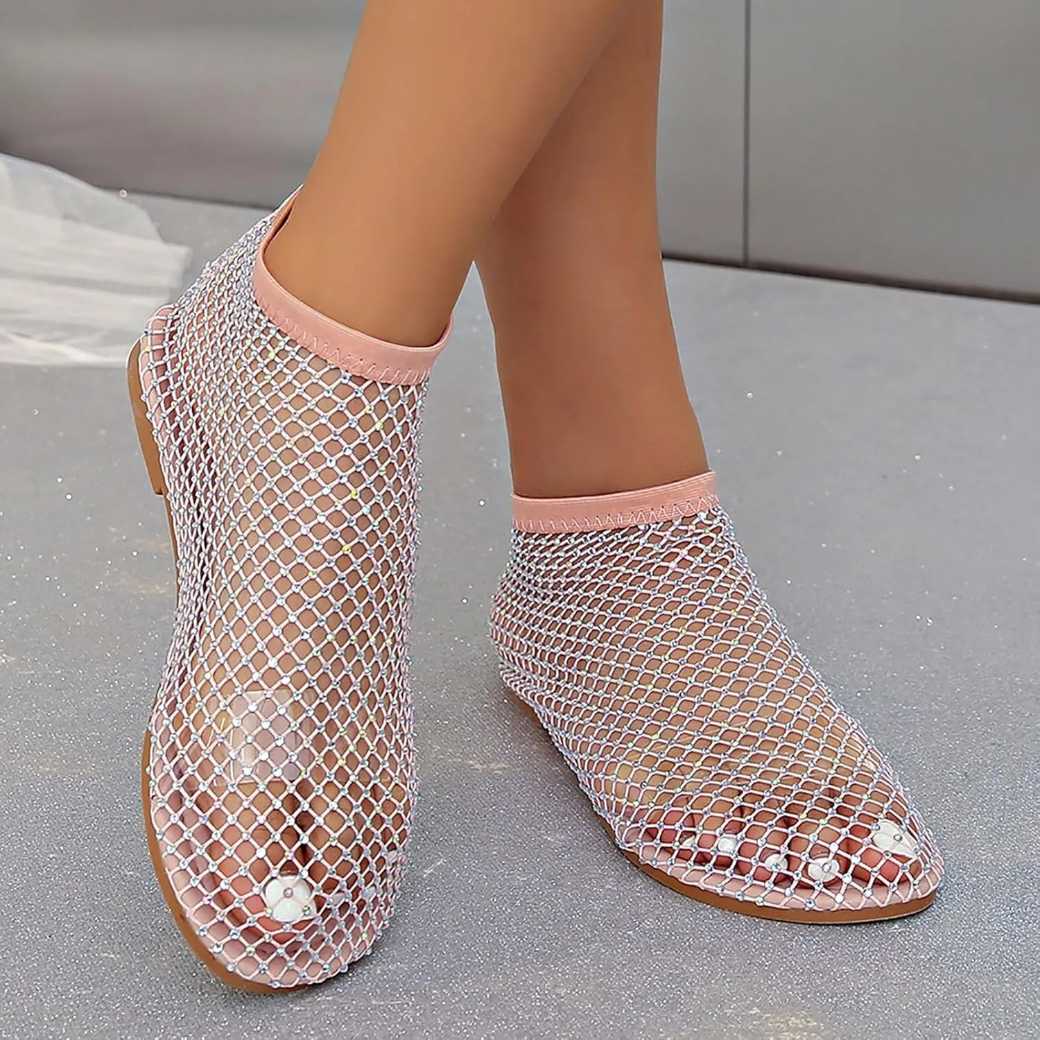 Mesh Ballet Flats for Women Slip On Shiny Mesh Flats Round Toe Sparkly Rhinestone Sandals Sexy Fishnet Sandals Beach Casual Dress Flats Comfortable
