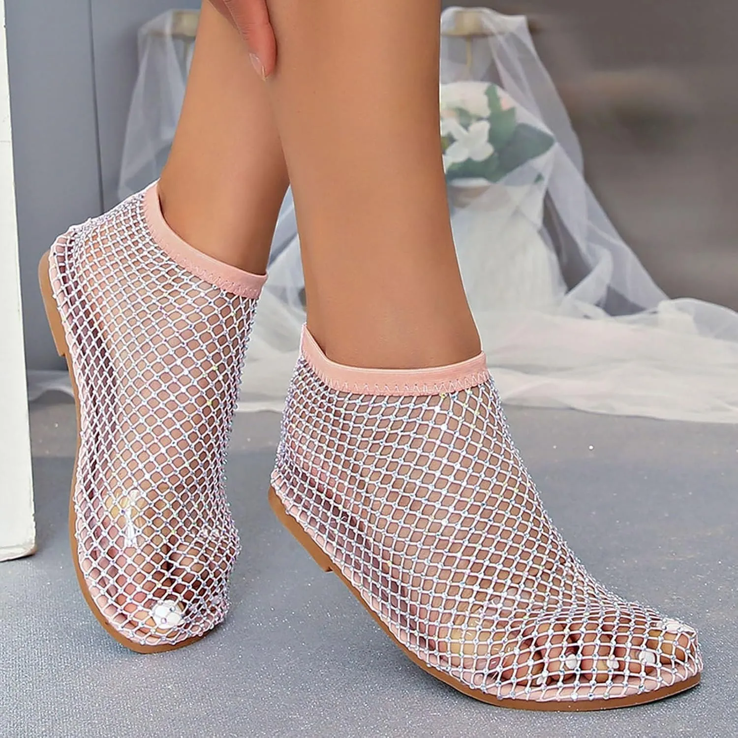 Mesh Ballet Flats for Women Slip On Shiny Mesh Flats Round Toe Sparkly Rhinestone Sandals Sexy Fishnet Sandals Beach Casual Dress Flats Comfortable