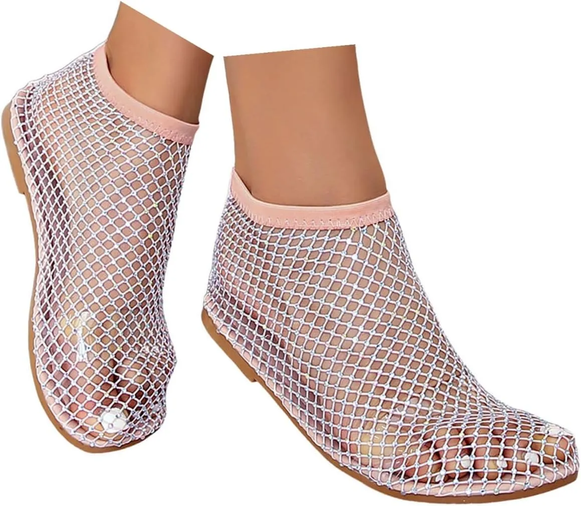 Mesh Ballet Flats for Women Slip On Shiny Mesh Flats Round Toe Sparkly Rhinestone Sandals Sexy Fishnet Sandals Beach Casual Dress Flats Comfortable