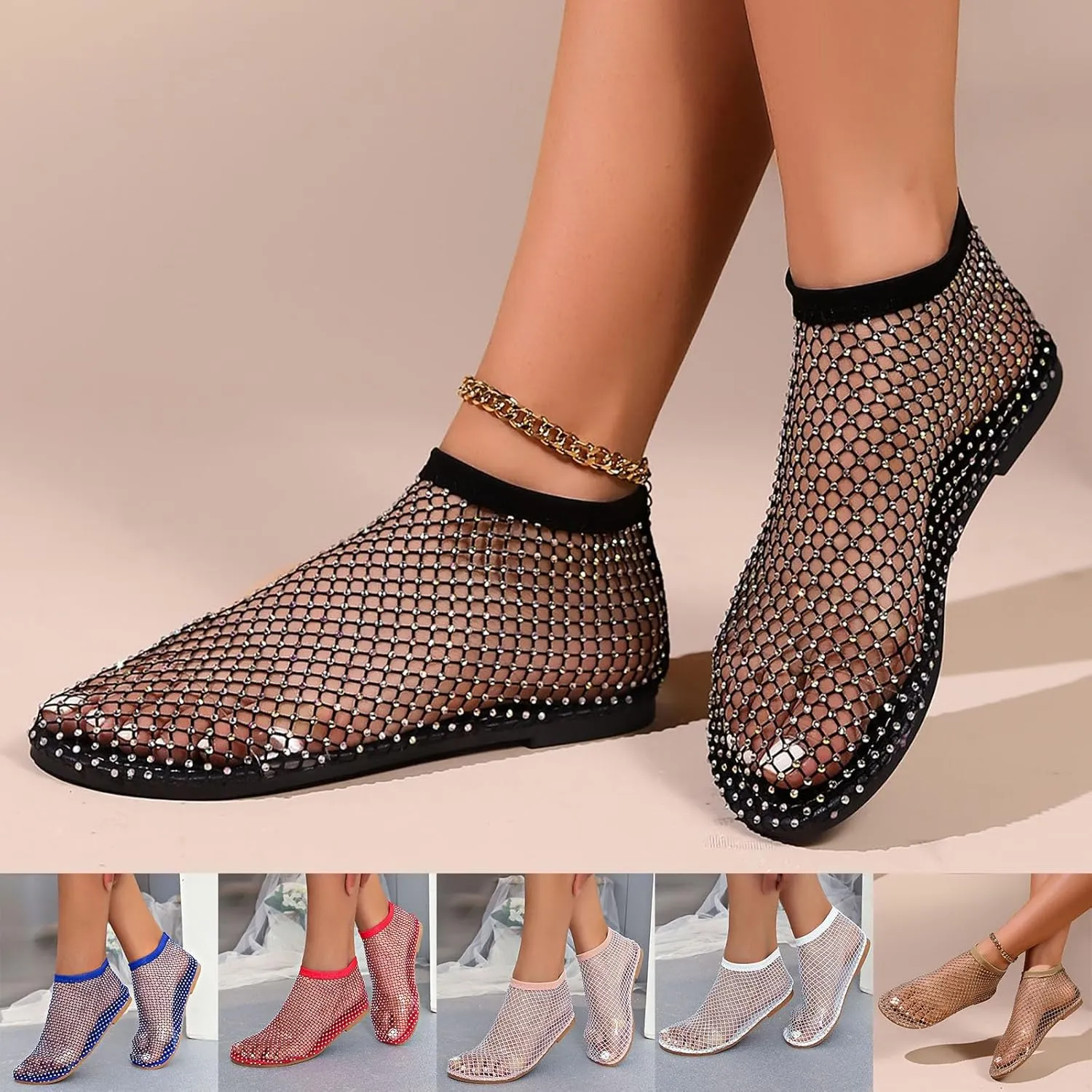 Mesh Ballet Flats for Women Slip On Shiny Mesh Flats Round Toe Sparkly Rhinestone Sandals Sexy Fishnet Sandals Beach Casual Dress Flats Comfortable