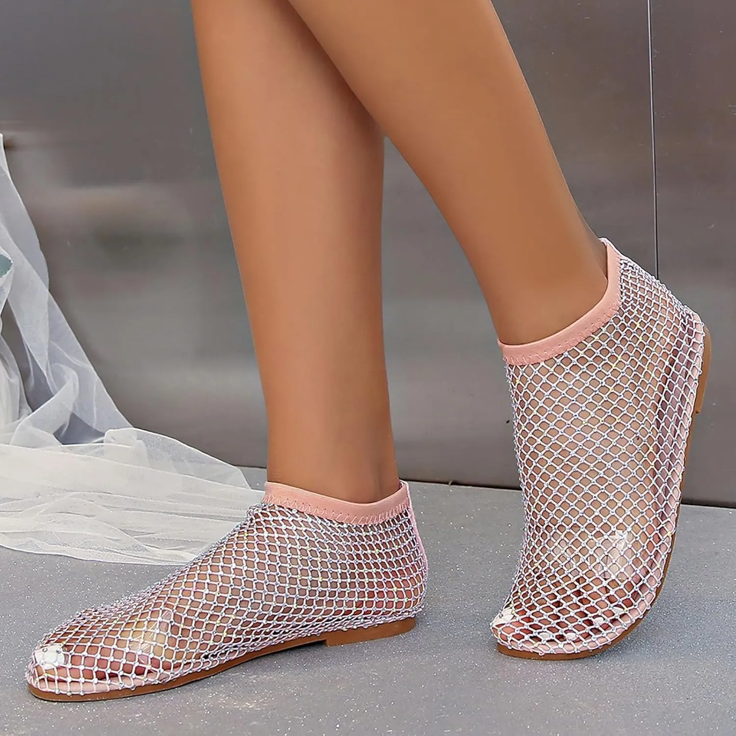 Mesh Ballet Flats for Women Slip On Shiny Mesh Flats Round Toe Sparkly Rhinestone Sandals Sexy Fishnet Sandals Beach Casual Dress Flats Comfortable
